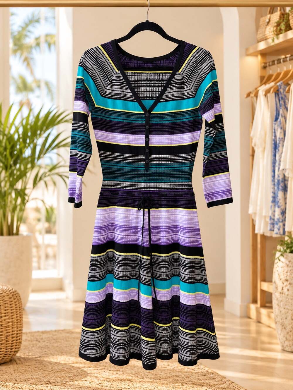 Diane von Furstenberg Carrigan Silk Knit Striped Drawstring Dress Purple Black S